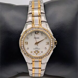 Pulsar Two Tone Crystal Bezel Watch 28mm Mother of Pearl Textured Dial Date